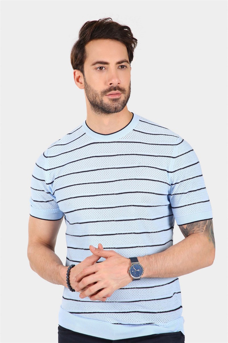 Ferraro Erkek Çizgili Delikli Bisiklet Yaka Triko T Shirt - Mavi Lacivert