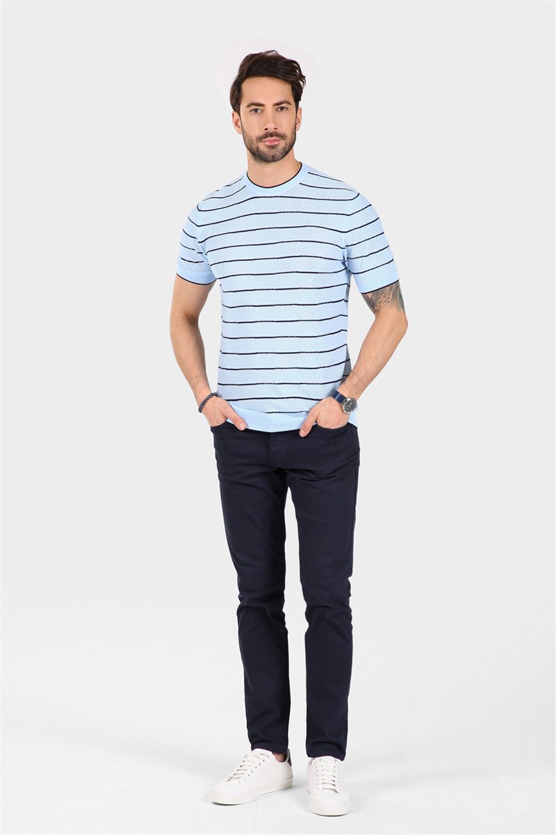 Ferraro Erkek Çizgili Delikli Bisiklet Yaka Triko T Shirt - Mavi Lacivert