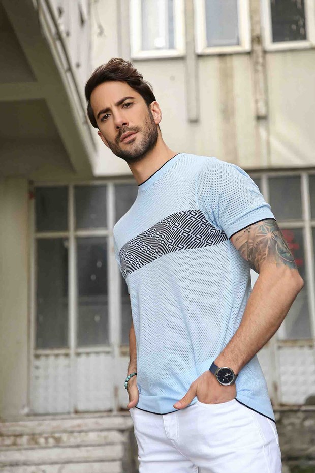 Ferraro Erkek Desenli Delikli Bisiklet Yaka Triko T Shirt - Mavi Lacivert