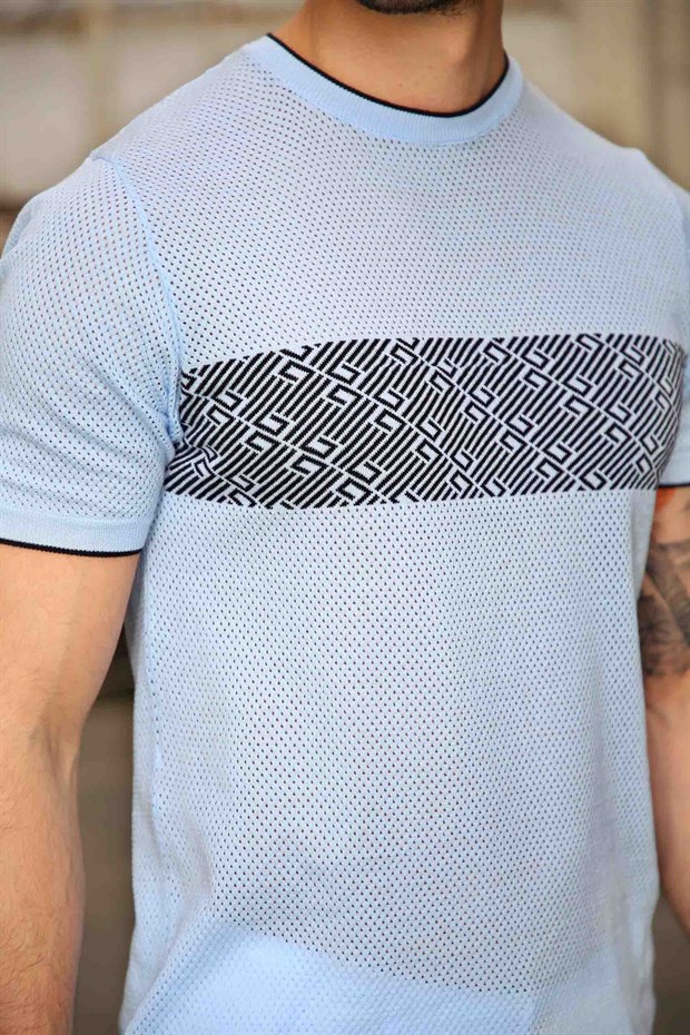 Ferraro Erkek Desenli Delikli Bisiklet Yaka Triko T Shirt - Mavi Lacivert