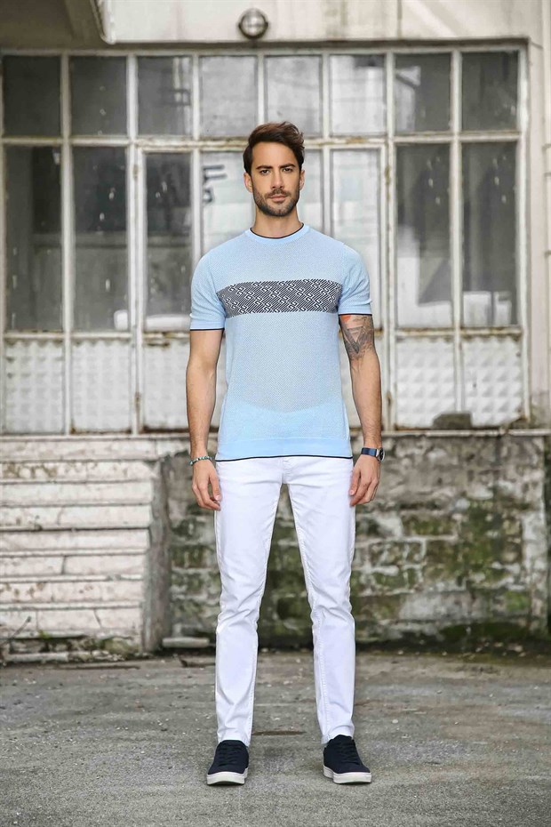 Ferraro Erkek Desenli Delikli Bisiklet Yaka Triko T Shirt - Mavi Lacivert