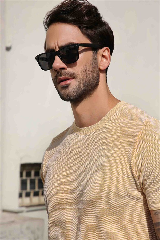 Ferraro Hardal/Beyaz Kuşgözü Desenli Bisiklet Yaka Erkek Triko T-Shirt