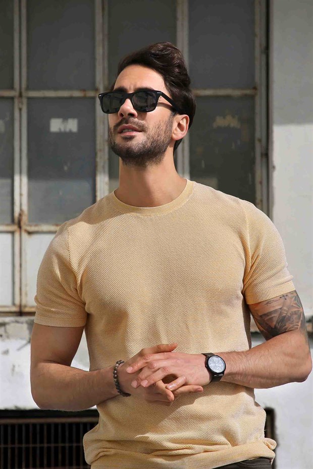 Ferraro Hardal/Beyaz Kuşgözü Desenli Bisiklet Yaka Erkek Triko T-Shirt