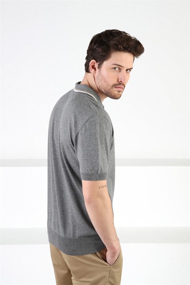 Ferraro Gri Düğmeli Polo Yaka %100 Pamuk Erkek Triko T-Shirt