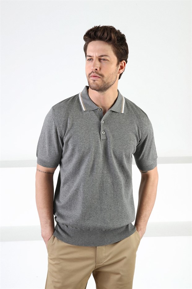 Ferraro Gri Düğmeli Polo Yaka %100 Pamuk Erkek Triko T-Shirt