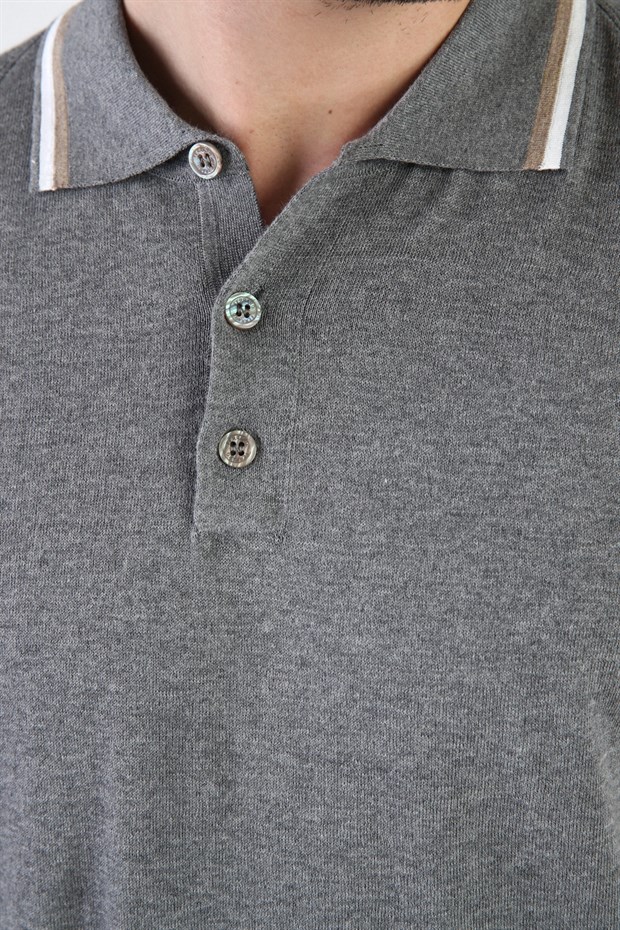 Ferraro Gri Düğmeli Polo Yaka %100 Pamuk Erkek Triko T-Shirt