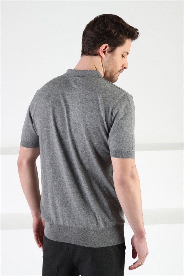 Ferraro Gri Fermuarlı Polo Yaka %100 Pamuk Erkek Triko T-Shirt