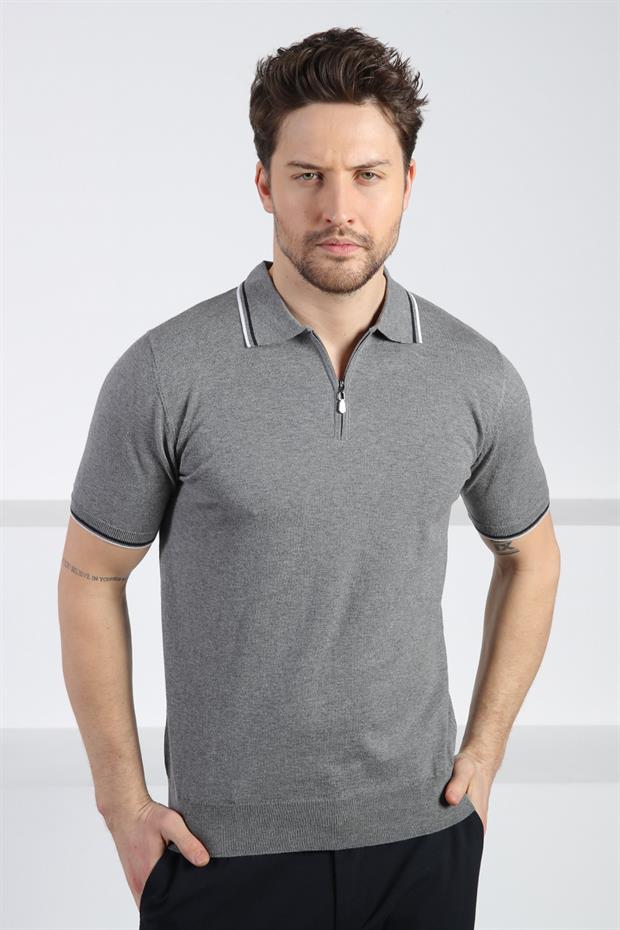 Ferraro Gri Polo Yaka Fermuarlı Erkek Pamuk Triko T-Shirt