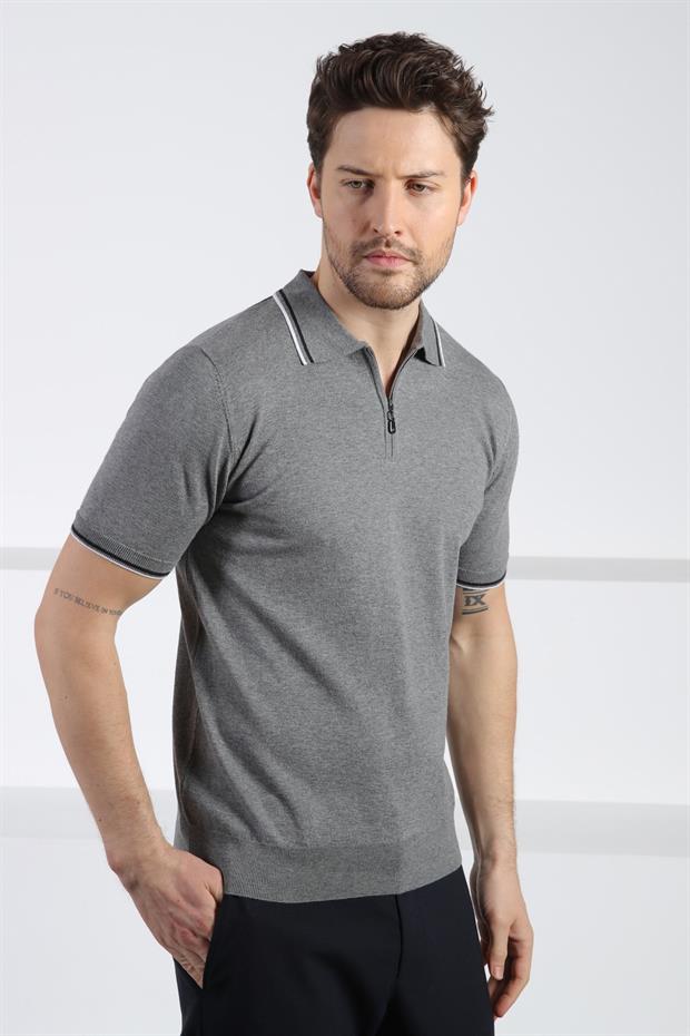 Ferraro Gri Polo Yaka Fermuarlı Erkek Pamuk Triko T-Shirt
