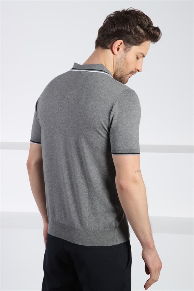 Ferraro Gri Polo Yaka Fermuarlı Erkek Pamuk Triko T-Shirt