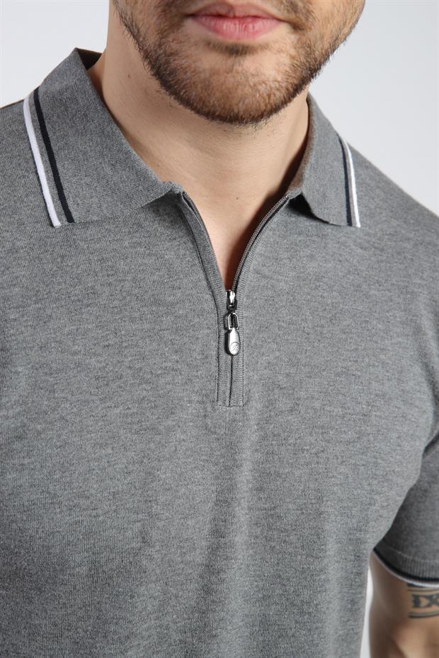 Ferraro Gri Polo Yaka Fermuarlı Erkek Pamuk Triko T-Shirt
