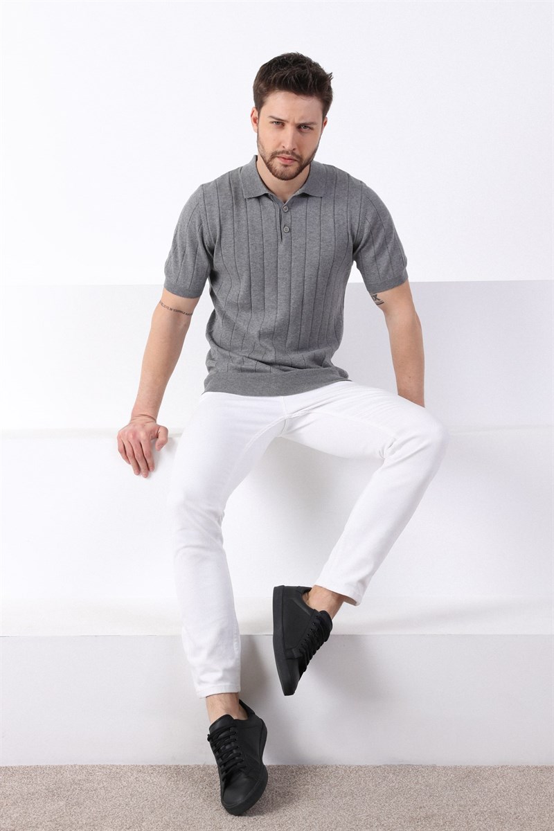 Ferraro Gri Polo Yaka Fitilli Erkek Pamuk Triko T-Shirt