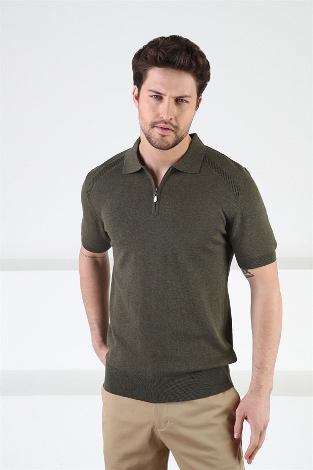 Ferraro Haki Fermuarlı Polo Yaka %100 Pamuk Erkek Triko T-Shirt