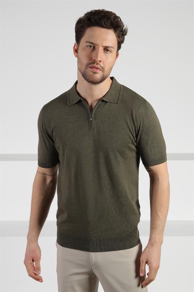 Ferraro Haki Polo Yaka Fermuarlı Erkek Pamuk Triko T-Shirt
