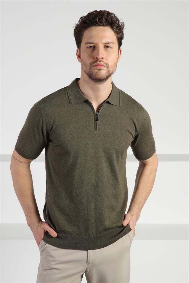 Ferraro Haki Polo Yaka Fermuarlı Erkek Pamuk Triko T-Shirt