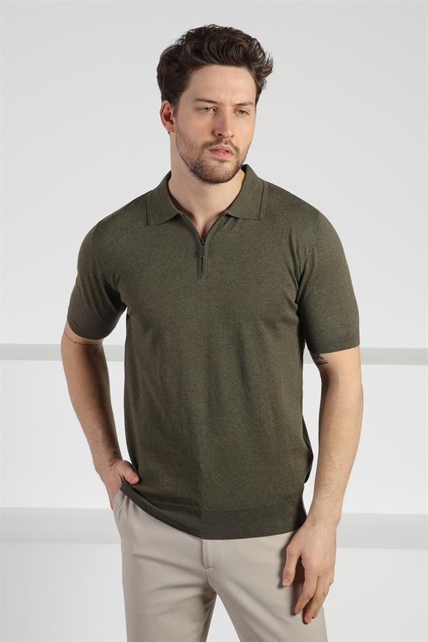 Ferraro Haki Polo Yaka Fermuarlı Erkek Pamuk Triko T-Shirt