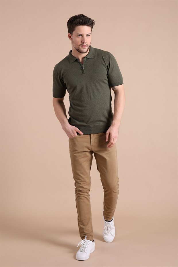 Ferraro Haki Polo Yaka Fermuarlı Erkek Pamuk Triko T-Shirt