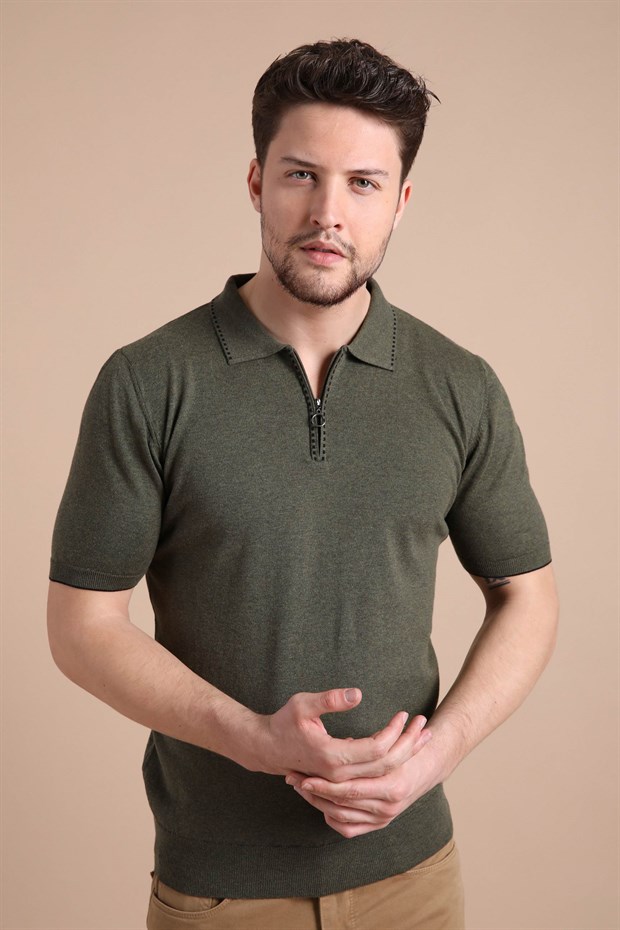 Ferraro Haki Polo Yaka Fermuarlı Erkek Pamuk Triko T-Shirt