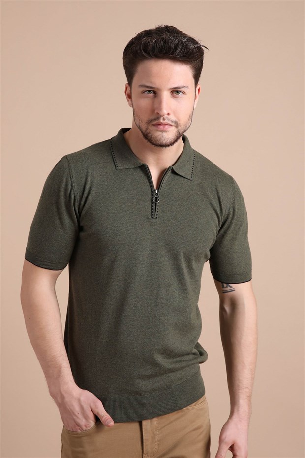 Ferraro Haki Polo Yaka Fermuarlı Erkek Pamuk Triko T-Shirt