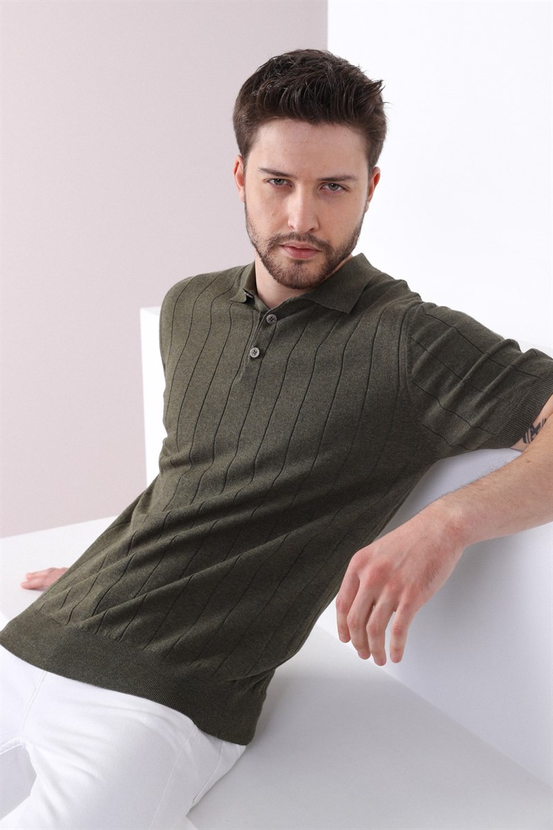 Ferraro Haki Polo Yaka Fitilli Erkek Pamuk Triko T-Shirt
