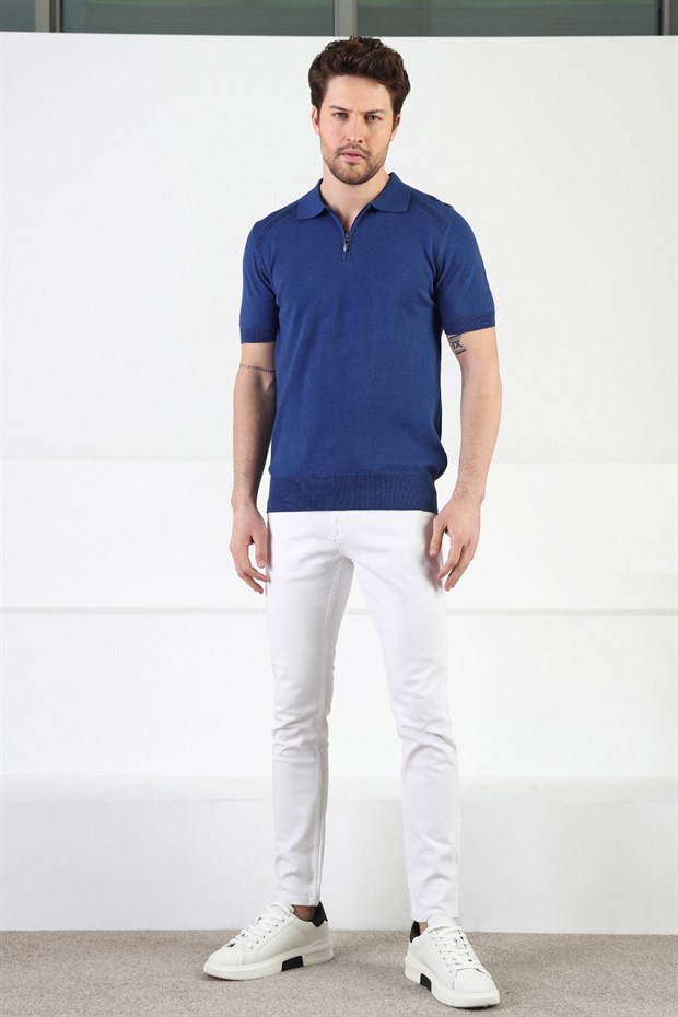 Ferraro İndigo Fermuarlı Polo Yaka %100 Pamuk Erkek Triko T-Shirt