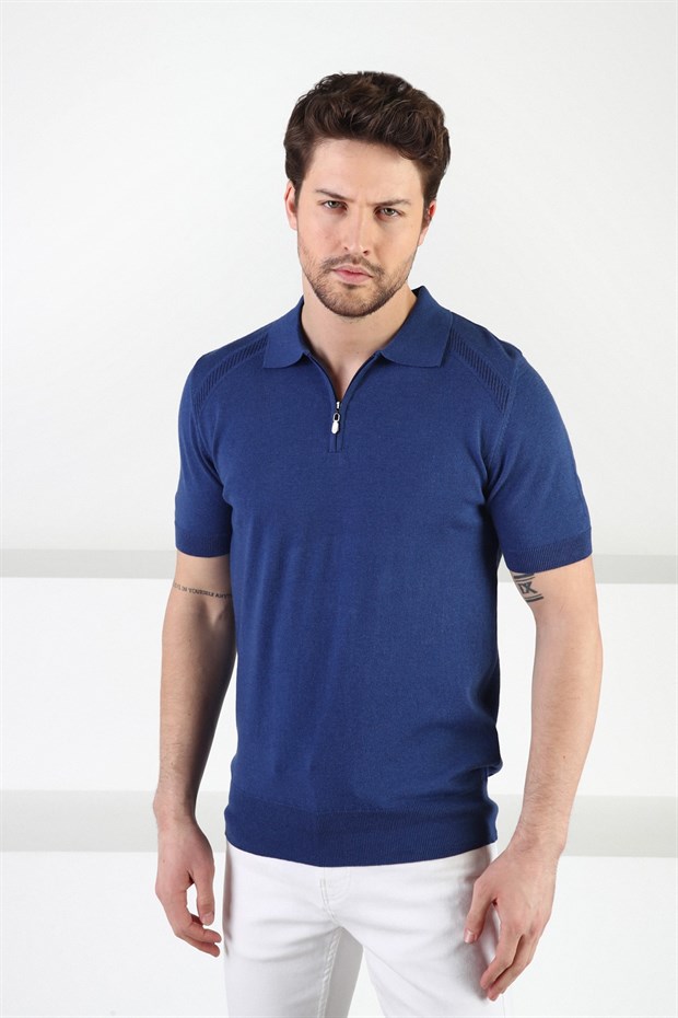 Ferraro İndigo Fermuarlı Polo Yaka %100 Pamuk Erkek Triko T-Shirt