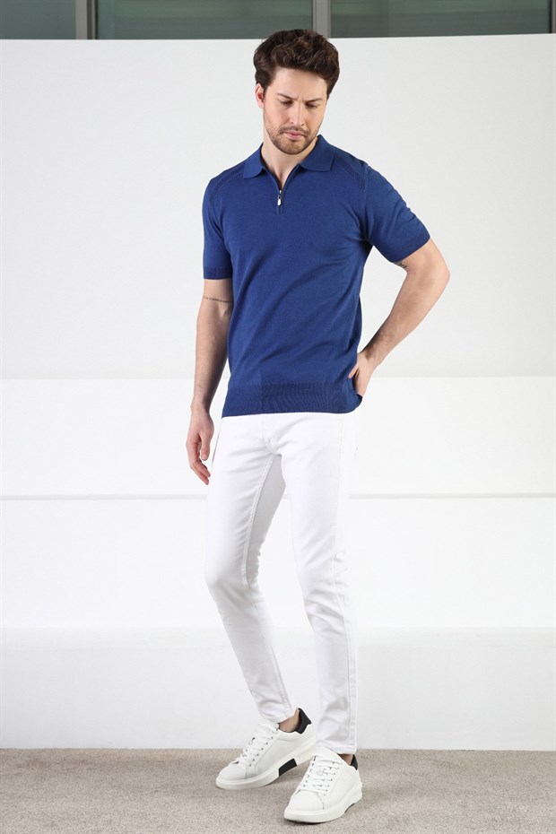 Ferraro İndigo Fermuarlı Polo Yaka %100 Pamuk Erkek Triko T-Shirt