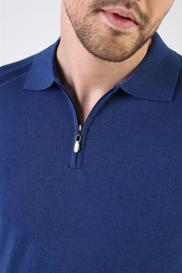 Ferraro İndigo Fermuarlı Polo Yaka %100 Pamuk Erkek Triko T-Shirt