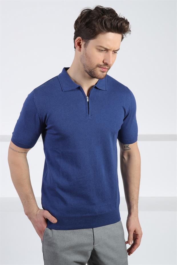 Ferraro İndigo Polo Yaka Fermuarlı Erkek Pamuk Triko T-Shirt