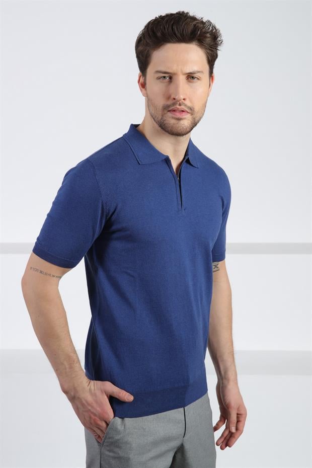 Ferraro İndigo Polo Yaka Fermuarlı Erkek Pamuk Triko T-Shirt