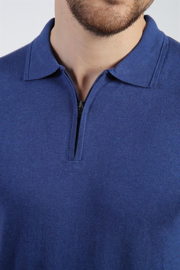 Ferraro İndigo Polo Yaka Fermuarlı Erkek Pamuk Triko T-Shirt
