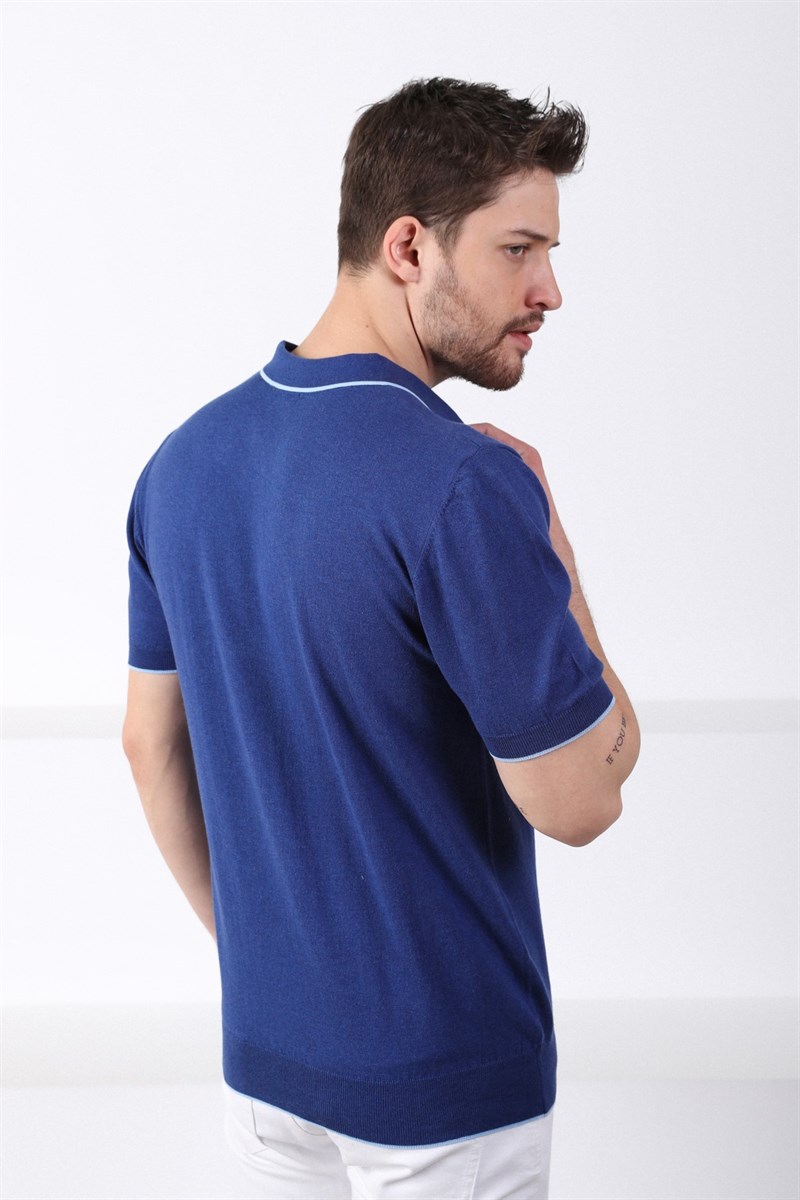 Ferraro İndigo Yaka Şerit Fermuarlı Erkek Pamuk Triko T-Shirt