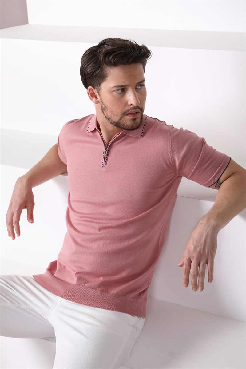 Ferraro K.Gül Polo Yaka Fermuarlı Erkek Pamuk Triko T-Shirt