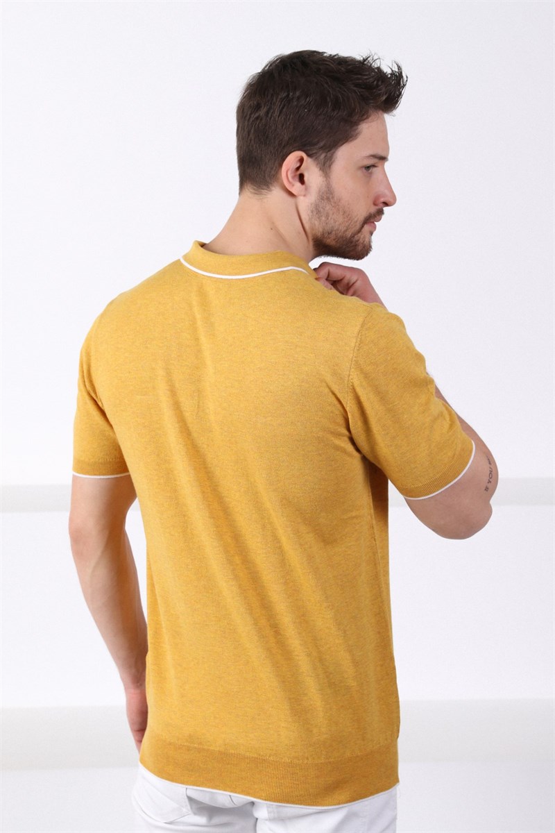 Ferraro K.Sarı Yaka Şerit Fermuarlı Erkek Pamuk Triko T-Shirt