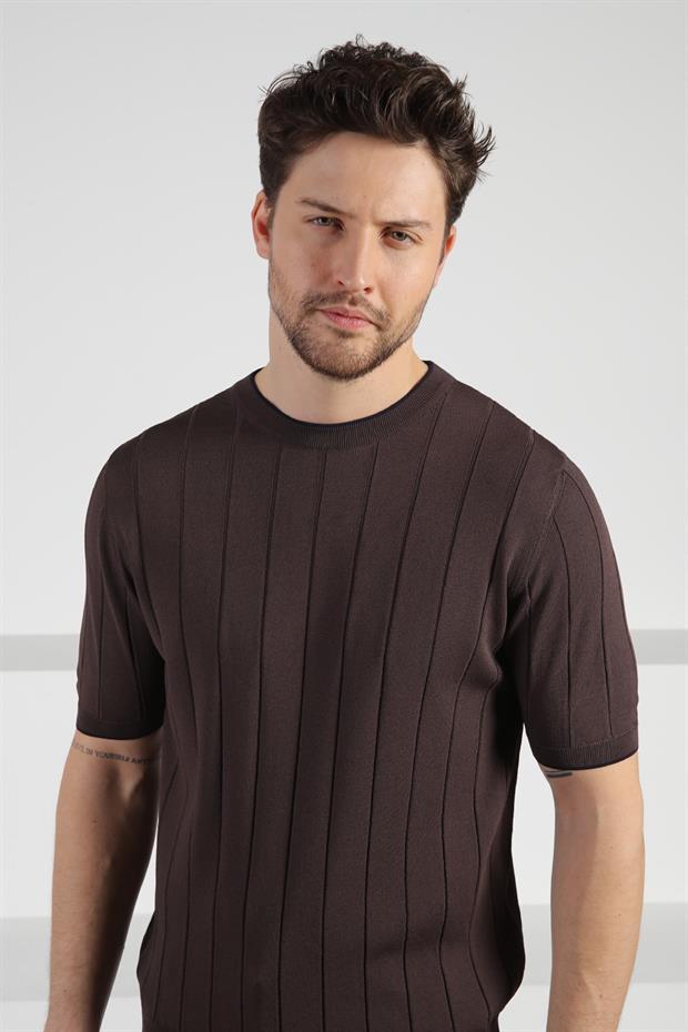 Ferraro Kahve Bisiklet Yaka Kısa Kol Erkek Viskon Triko T-Shirt