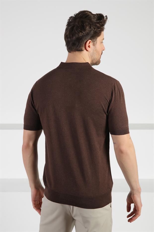 Ferraro Kahve Polo Yaka Fermuarlı Erkek Pamuk Triko T-Shirt