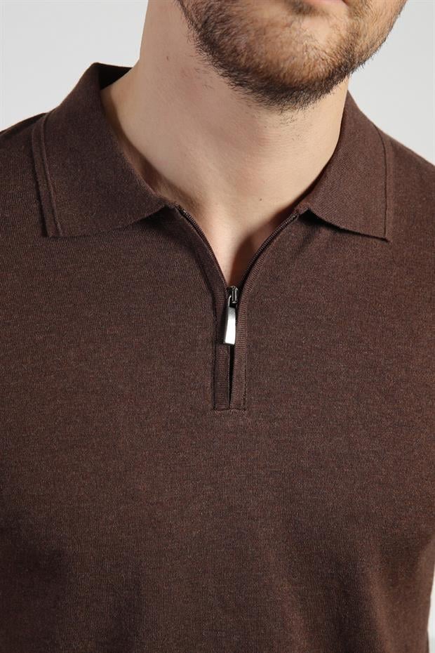 Ferraro Kahve Polo Yaka Fermuarlı Erkek Pamuk Triko T-Shirt