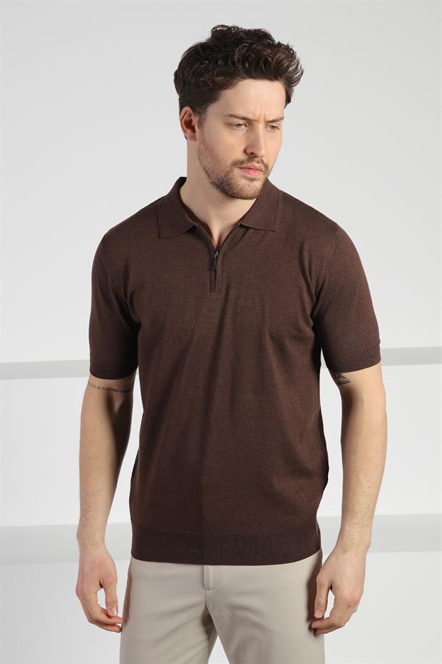Ferraro Kahve Polo Yaka Fermuarlı Erkek Pamuk Triko T-Shirt