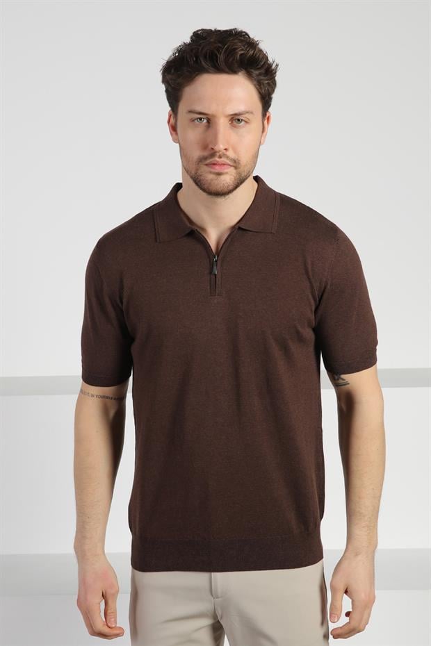 Ferraro Kahve Polo Yaka Fermuarlı Erkek Pamuk Triko T-Shirt