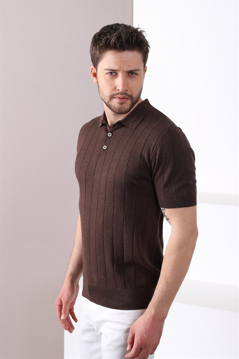 Ferraro Kahve Polo Yaka Fitilli Erkek Pamuk Triko T-Shirt