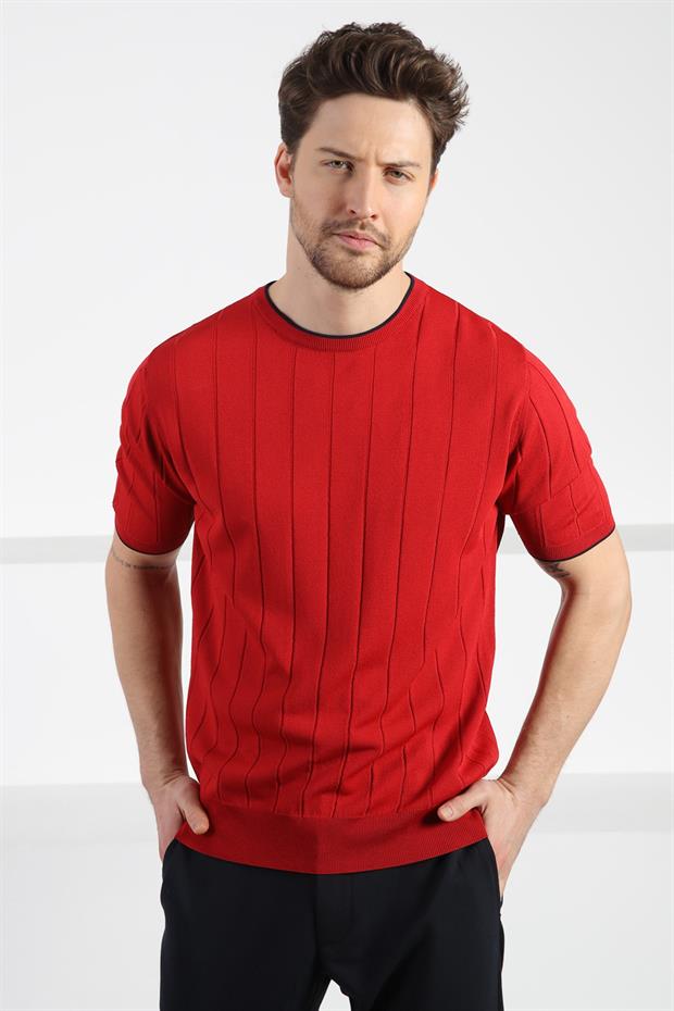 Ferraro Kırmızı Bisiklet Yaka Kısa Kol Erkek Viskon Triko T-Shirt