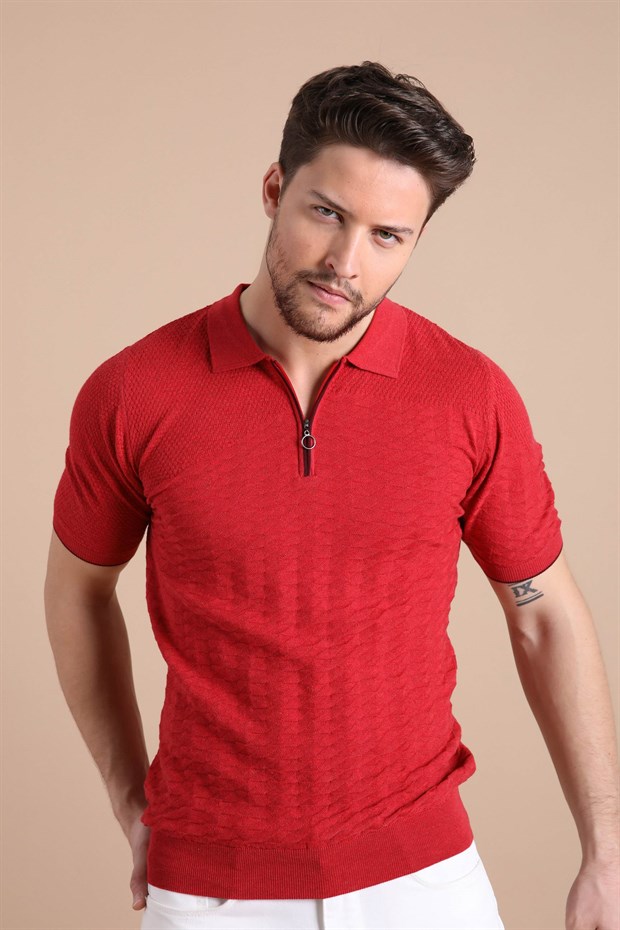 Ferraro Kırmızı Polo Yaka Fermuarlı Erkek Pamuk Triko T-Shirt