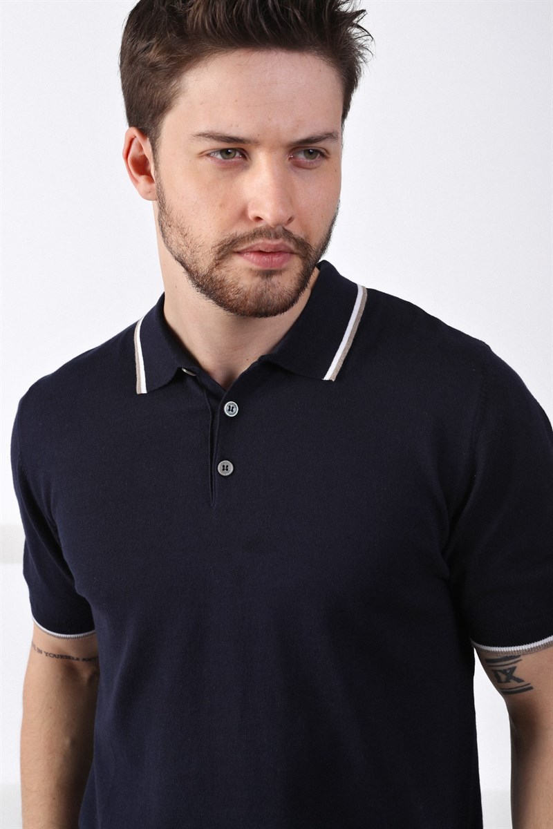 Ferraro Laci/Beyaz Yaka Şerit Düğmeli Erkek Pamuk Triko T-Shirt