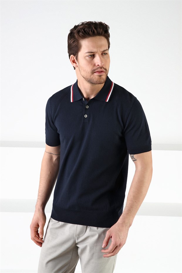 Ferraro Lacivert Düğmeli Polo Yaka %100 Pamuk Erkek Triko T-Shirt