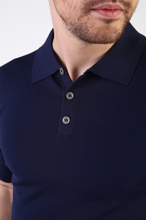 Ferraro Lacivert Düğmeli Polo Yaka Viskon Erkek Triko T-Shirt