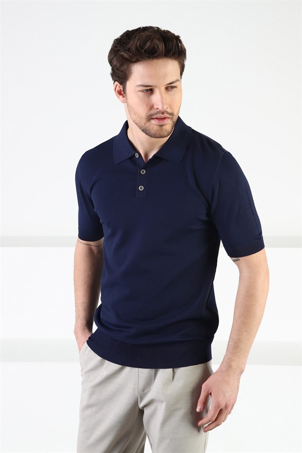 Ferraro Lacivert Düğmeli Polo Yaka Viskon Erkek Triko T-Shirt