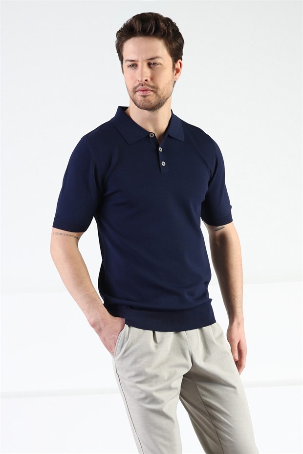 Ferraro Lacivert Düğmeli Polo Yaka Viskon Erkek Triko T-Shirt