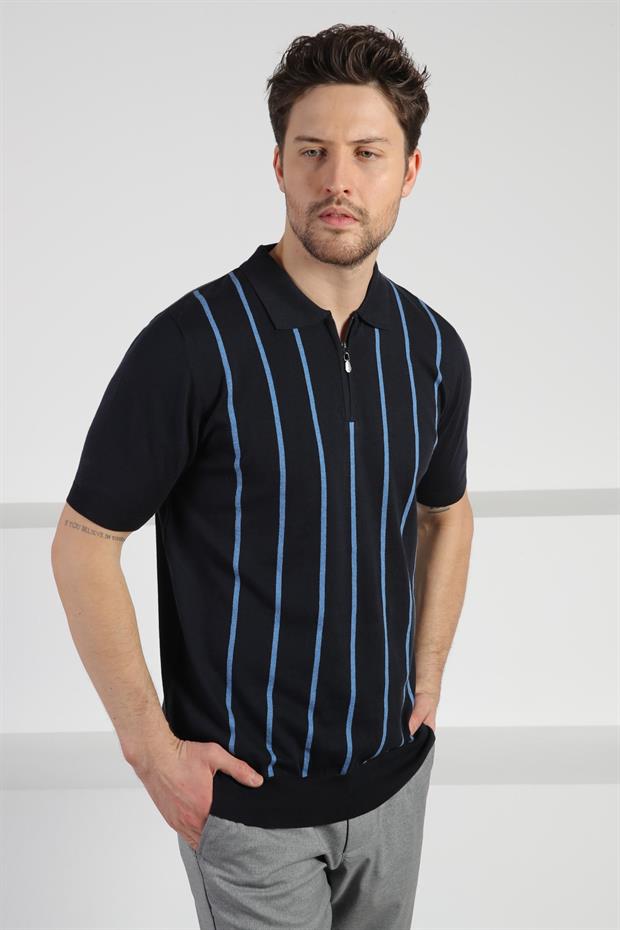 Ferraro Lacivert Fermuarlı Polo Yaka %100 Pamuk Erkek Triko T-Shirt