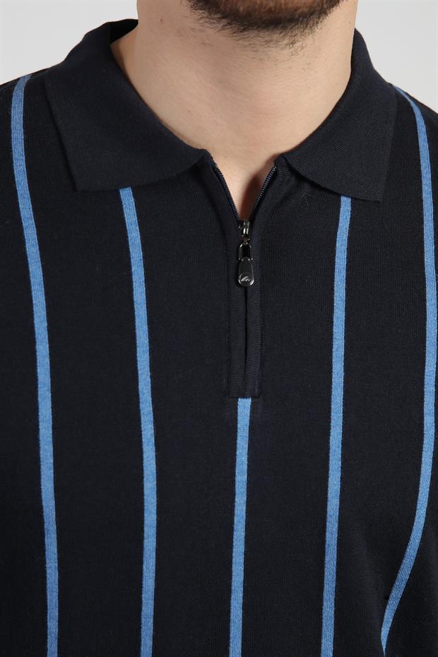 Ferraro Lacivert Fermuarlı Polo Yaka %100 Pamuk Erkek Triko T-Shirt