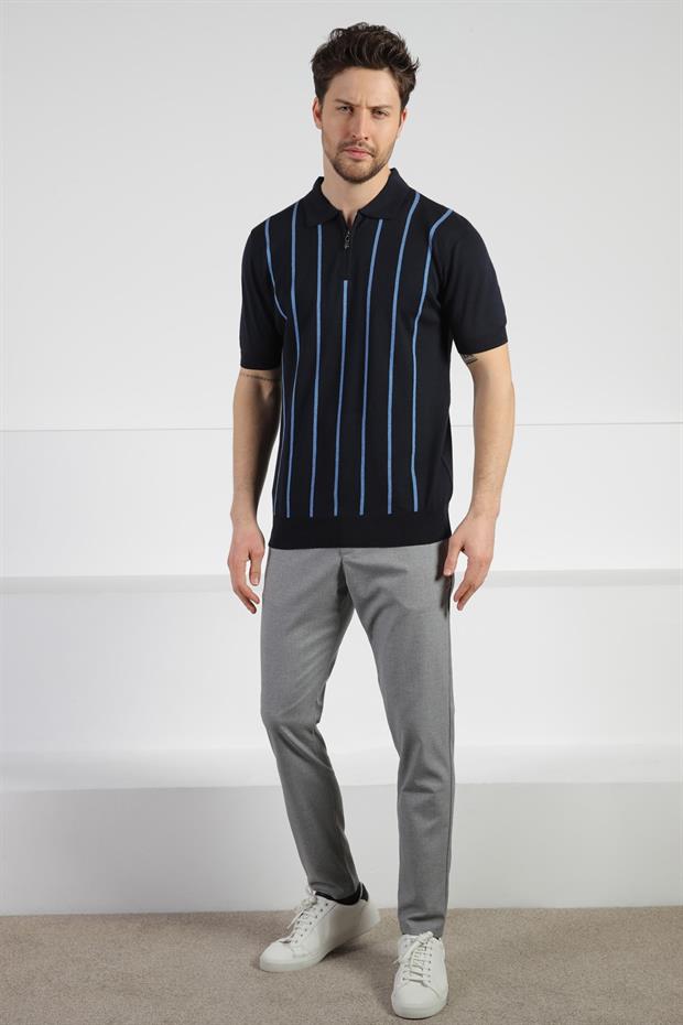 Ferraro Lacivert Fermuarlı Polo Yaka %100 Pamuk Erkek Triko T-Shirt